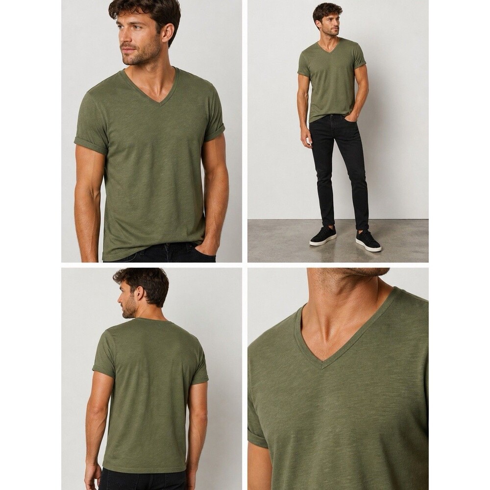John Varvatos Star USA T-Shirt Mens Large Green Cotton V Neck Casual